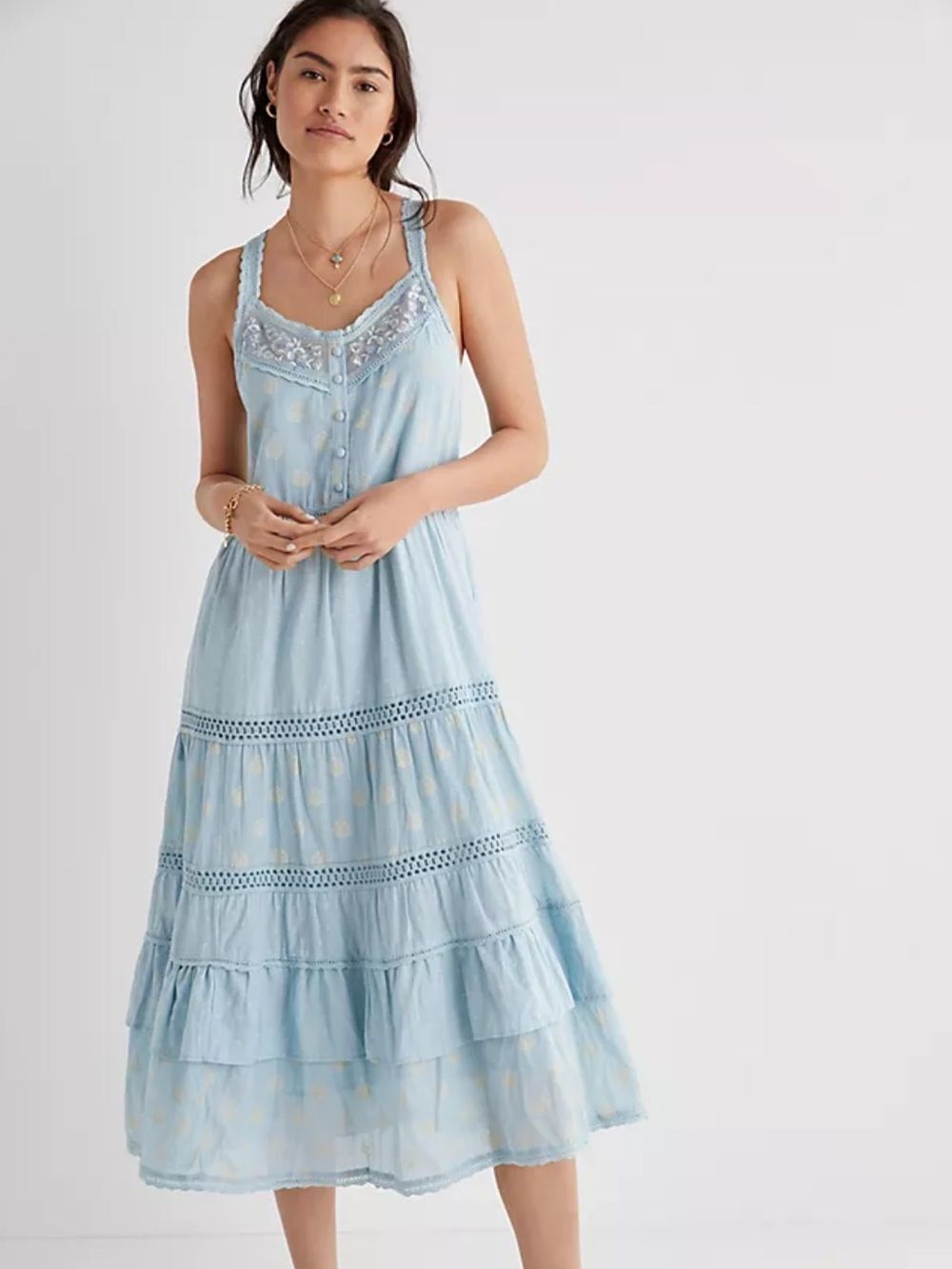 Pilcro Anthropologie Lace Tiered Midi Dress Light Blue Boho Cottagecore